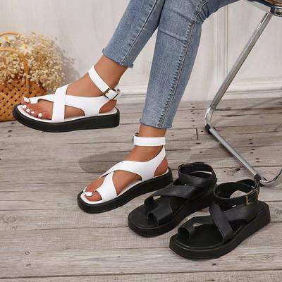 Women Fashion Leather Casual Comfortable Shoe  Summer Women's Thick-sole Roman Sandals Platform Beach Shoes Ring Feet Buckle Belt  Sandals