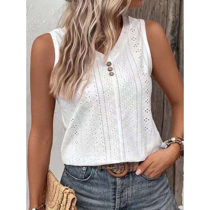 Summer T-shirt Women's Fashion Solid Color Casual V Neck Sleeveless Buttoned Vest T-shirt