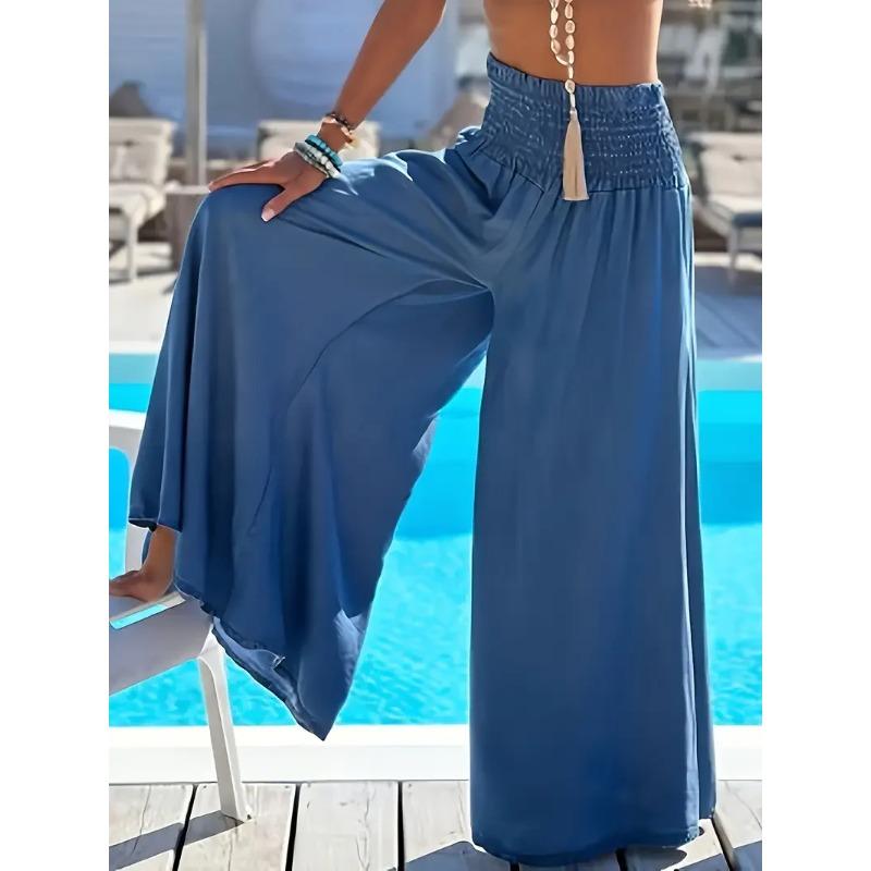Spring Summer Solid Color High Waisted Ice Silk Trousers Casual Versatile Elastic Pocket Wide Leg Pant