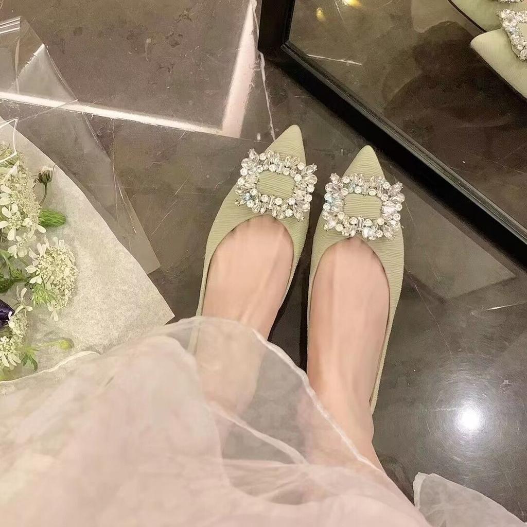 shallow rhinestone square buckle single shoes spring and autumn low heel fashion pointed work shoes women's flats