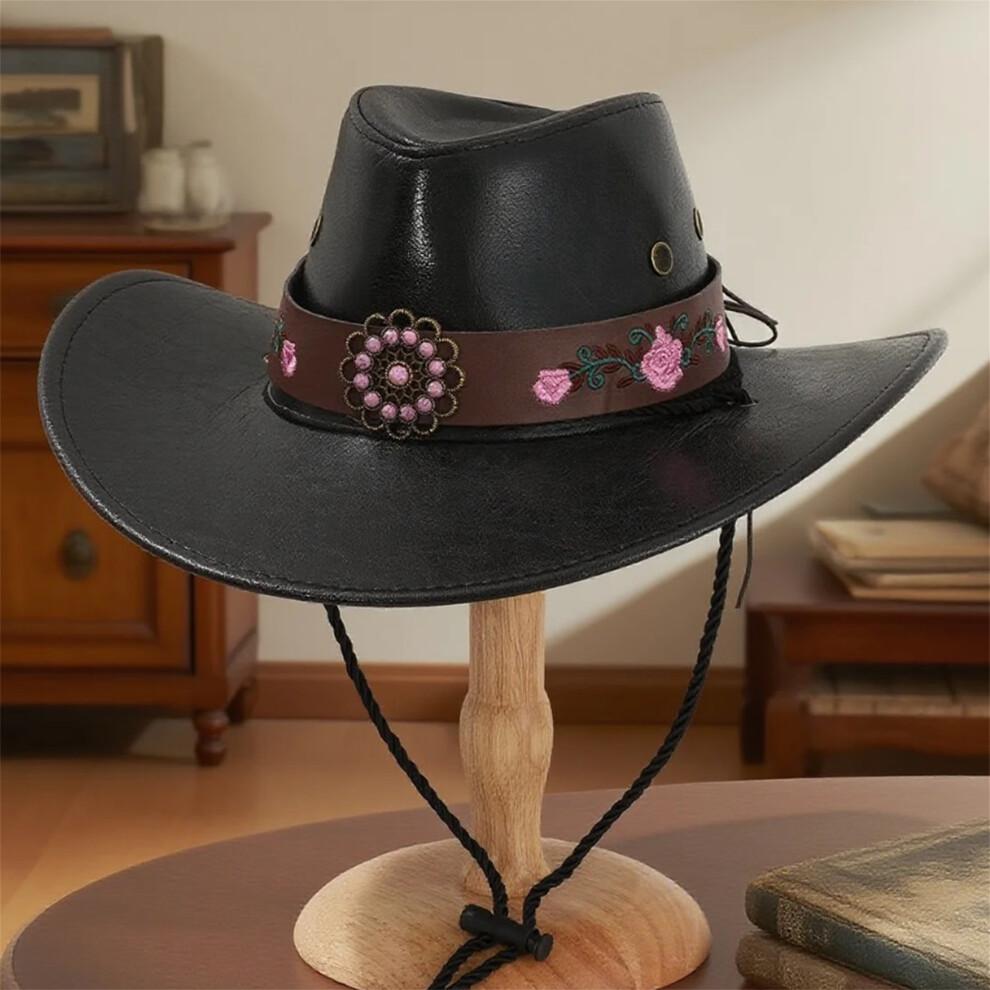 (One Size, Brown) PU Cowgirl Hat Western Style Sun Hat Stylish Retro Decorative Belt Wide Brim Jazz Cap