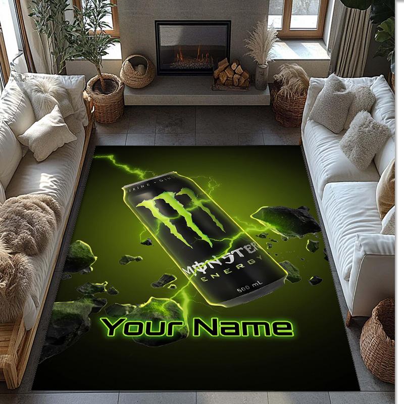 Monster Energy Kristall-Samt Teppich, Benutzerdefinierter Name Text Personalisierte Rutschfeste Fußmatte für Heimdekoration Geschenk