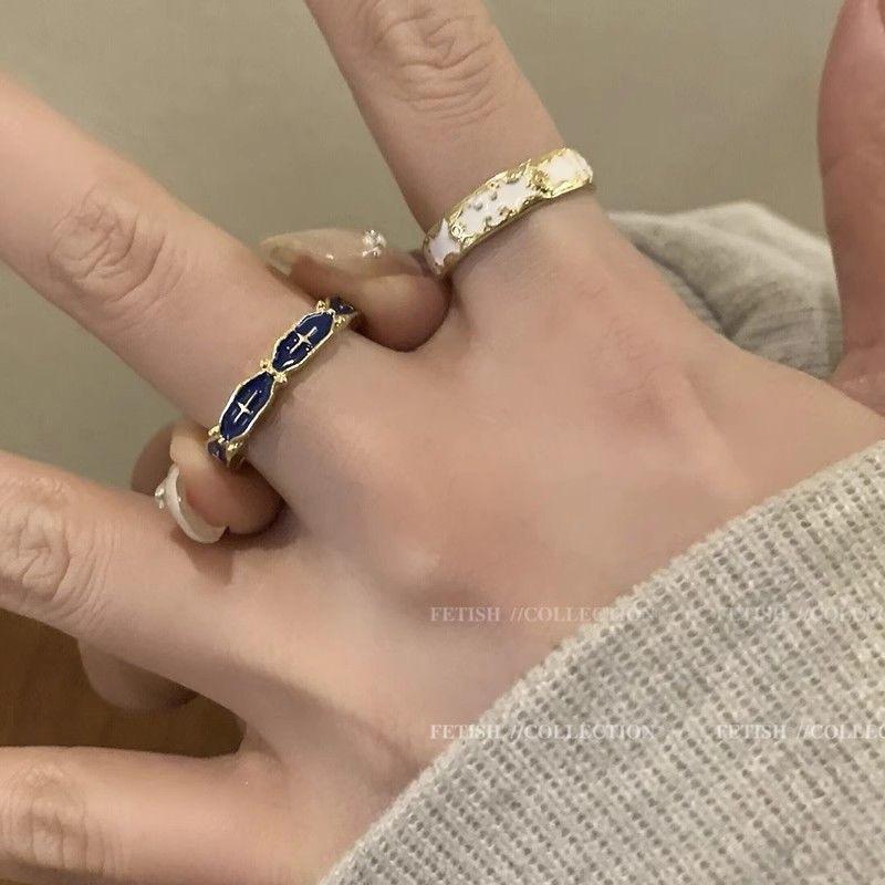 Retro Enamel Oil Drop Pattern Ring Women's Ins Niche Design Blue Index Finger Ring Fashion Personality Versatile Ring