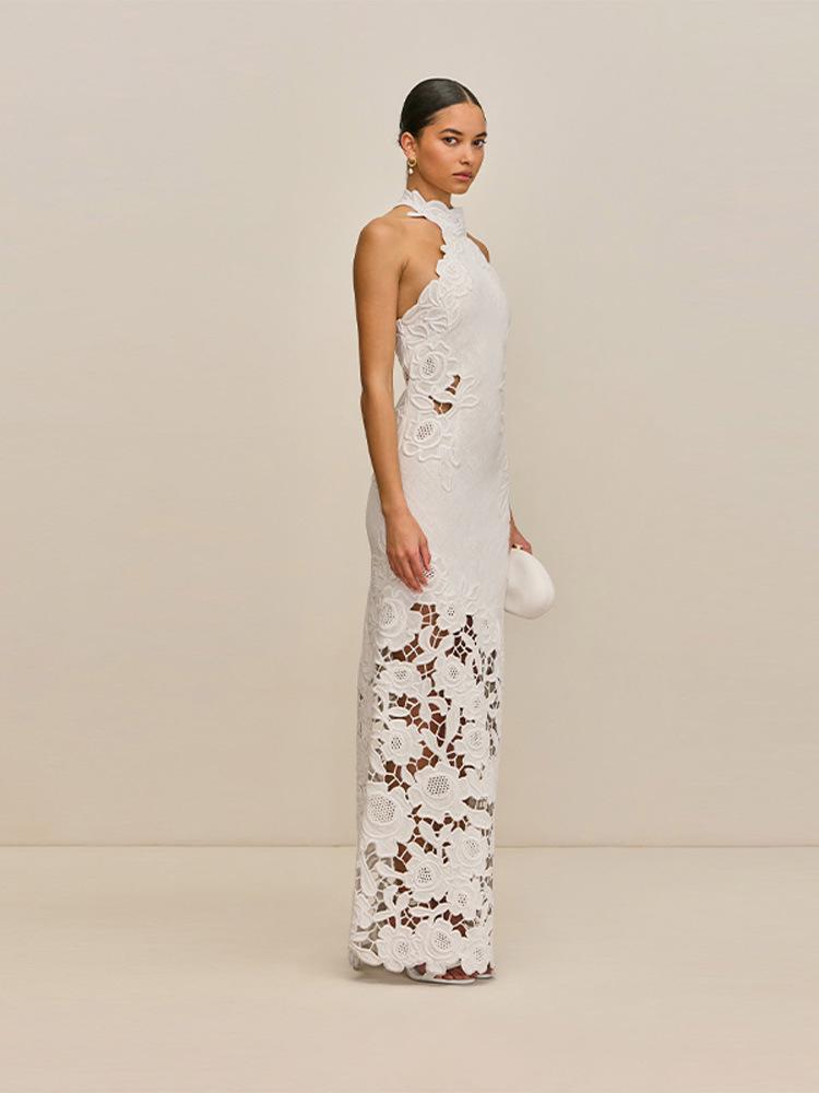 2026 Spring/Summer Elegant Sleeveless Halter Floral Embroidery Linen Dress for Women