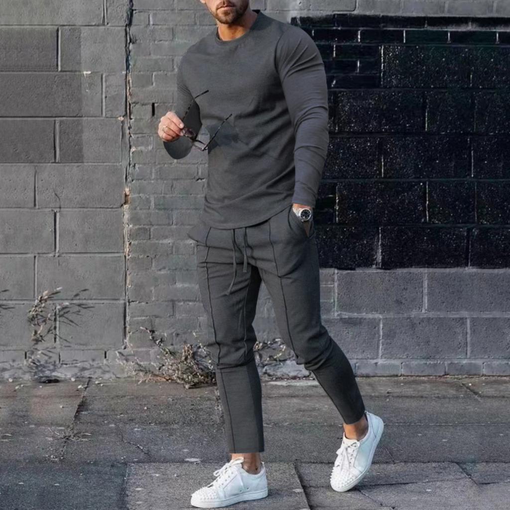 Men's Solid Color Loose Round-neck Long-sleeved Shirt And Long Pants Two-piece Casual Sportswear Set