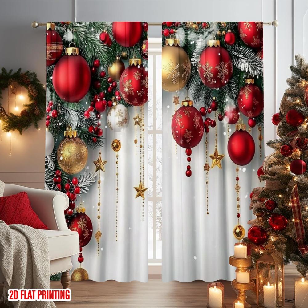 2pcs 2D flat printing Fashionable Christmas Curtains Red and Gold Ball Pine Branch Snowflake Digital Printed Polyester Drapes