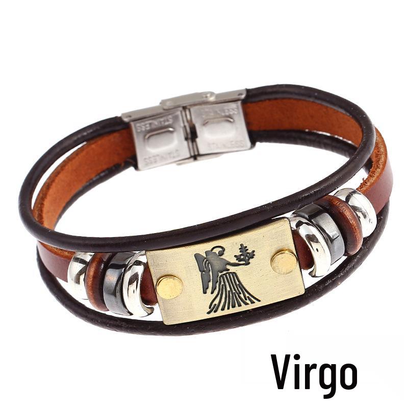 Twelve Constellations Cowhide Bracelet with Stainless Steel Buckle - Genuine Leather