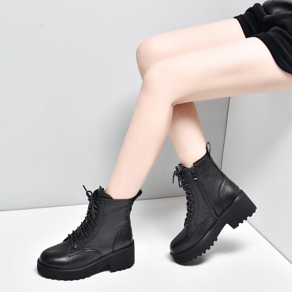 Women's boots 2025 winter new British style platform leather boots black first layer cowhide lace-up short boots casual muffin boots