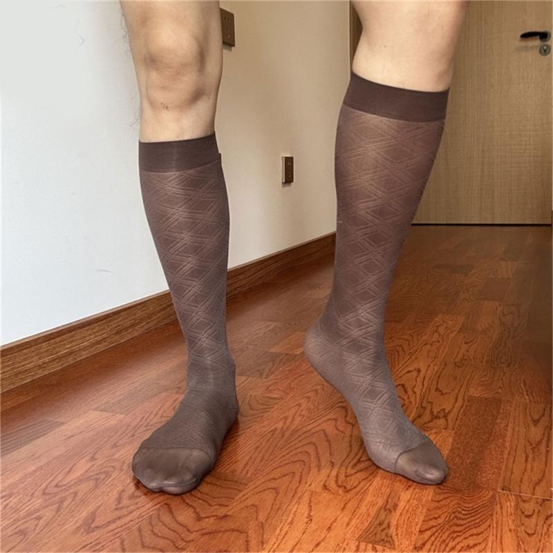 Men's Breathable Nylon Thin Dress Socks with Argyle Pattern Design Middle Calf Business Formal Socks Hosiery Gift