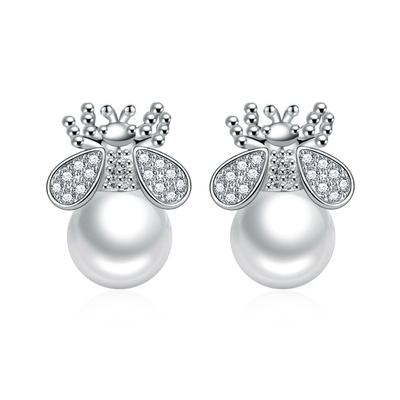 Small Fresh Bee Stud Earrings, Pearl Earrings Temperament Women's Micro-inlaid Thick Gold Jewelry