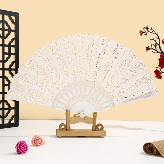 Ventaglio Pieghevole con Stampa Cuore Amore Stile Cinese Stecche Vuote Tessuto Ventaglio a Mano Ventaglio Portatile per Rinfrescarsi Oggetti di Scena per Danza Feste