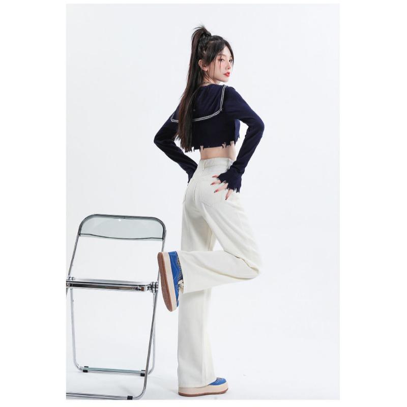 Women High Waisted Beige Straight Leg Jeans Spring Autumn Korean Style Wide Leg Pants Slim Fit V Line Stitching