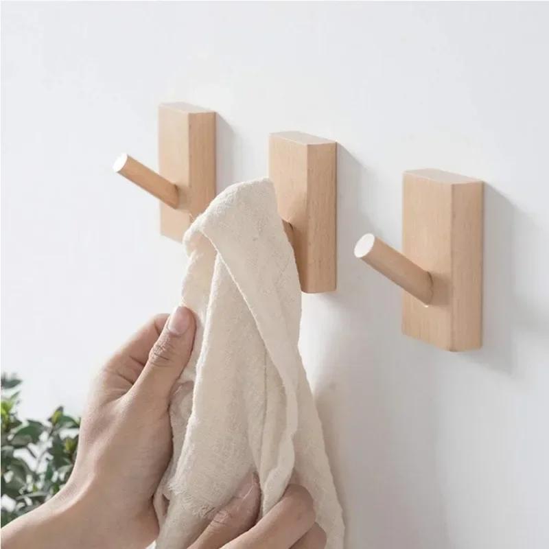 1/6PCS Punch Free Wall Hooks with Glue Wooden Round Square Bags Clothes Towels Hanging Hanger Home Bedroom Kitchen Storage Racks