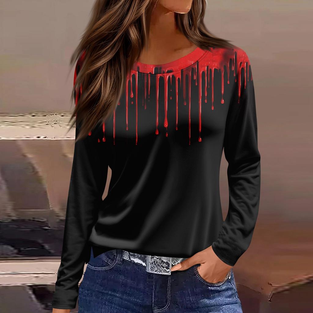 Mote Casual Langermet Trykk Rund Hals Pullover Topp Bluse for Kvinner
