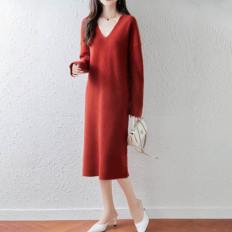 2025 Nowa Koreańska Sukienka Wełniana Dzianinowa o Długości Midi z Dekoltem V na Jesień i Zimę
