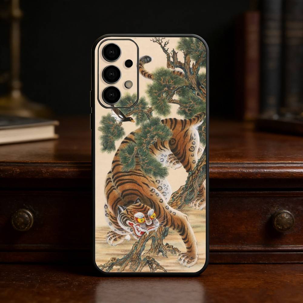 Japanese Ukiyo-e Tiger Phone Case For Samsung S25,24,23,22,30,21,10,9,Ultra,Plus,Lite Soft Black Case