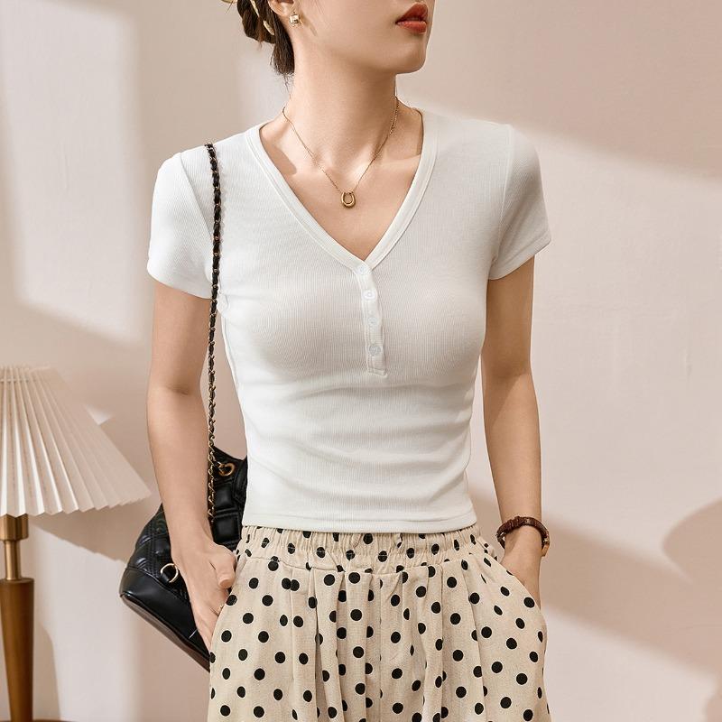 G Youke silk, with good materials and quality, button V-neck T-shirt women's short-sleeved summer new high-waisted top