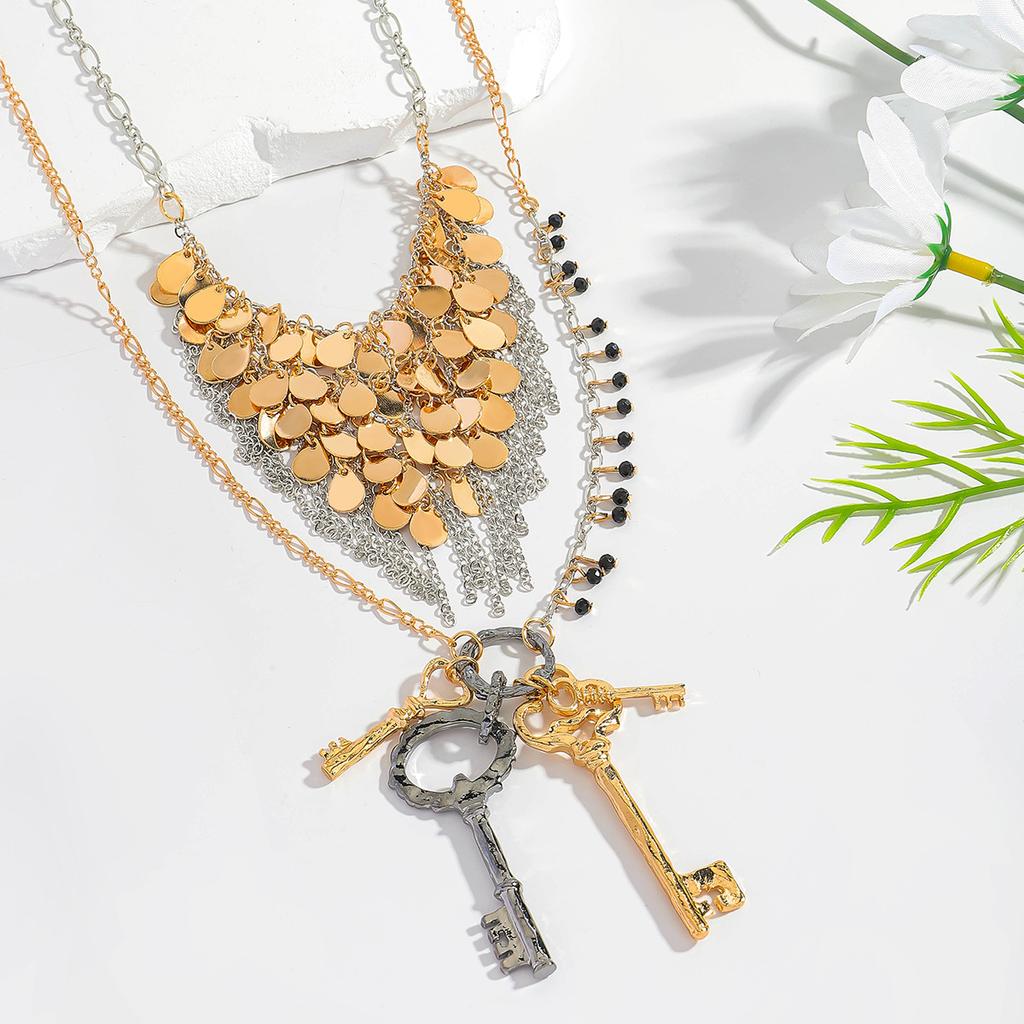 Key Tassel Exaggerated Multi-layer Necklace Retro Bohemian Cool Style Pendant Jewelry
