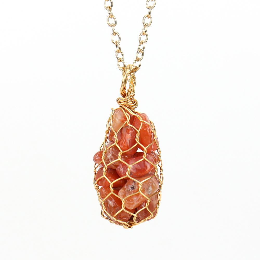 Natural Colorful Crystal Gravel Amethyst Copper Wire Hand-Woven Mesh Pocket Pendant Necklace N657