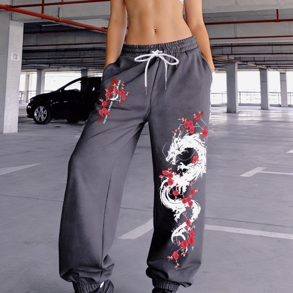 Japanese Sakura Men's and Women's Running Pants White Dragon and Sakura Pattern 3D Casual Long Loose Sports Fitness Pants