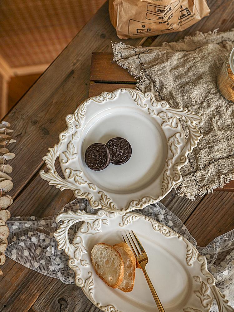 French-style kiln transformation retro relief plate, ceramic pasta plate, dessert Western cuisine double-ear arrangement plate