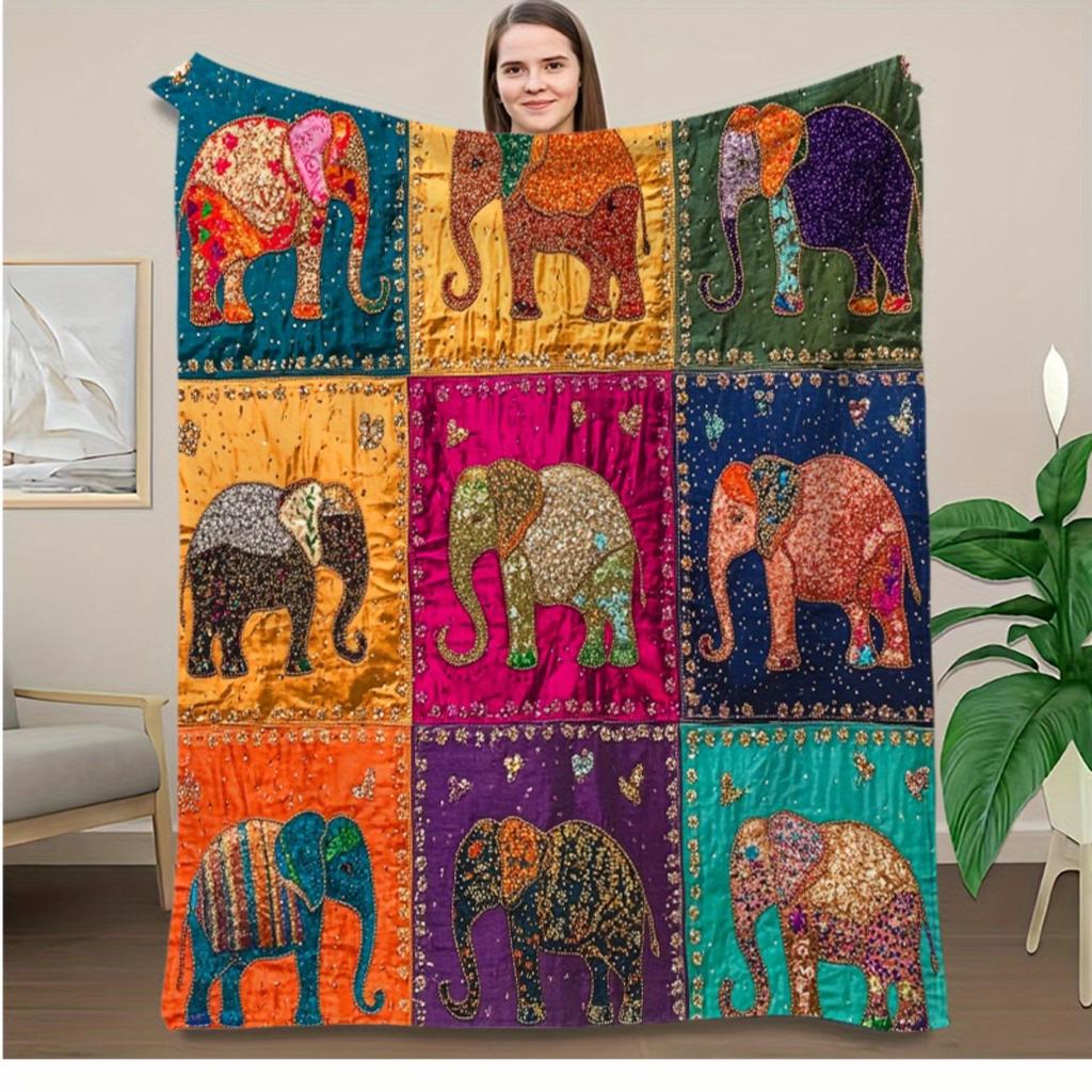 Manta Patchwork Elefante Bohemio Multicolor Ligera para Todas las Estaciones, Manta para Sofá Cama, Decoración del Hogar, Camping y Regalos