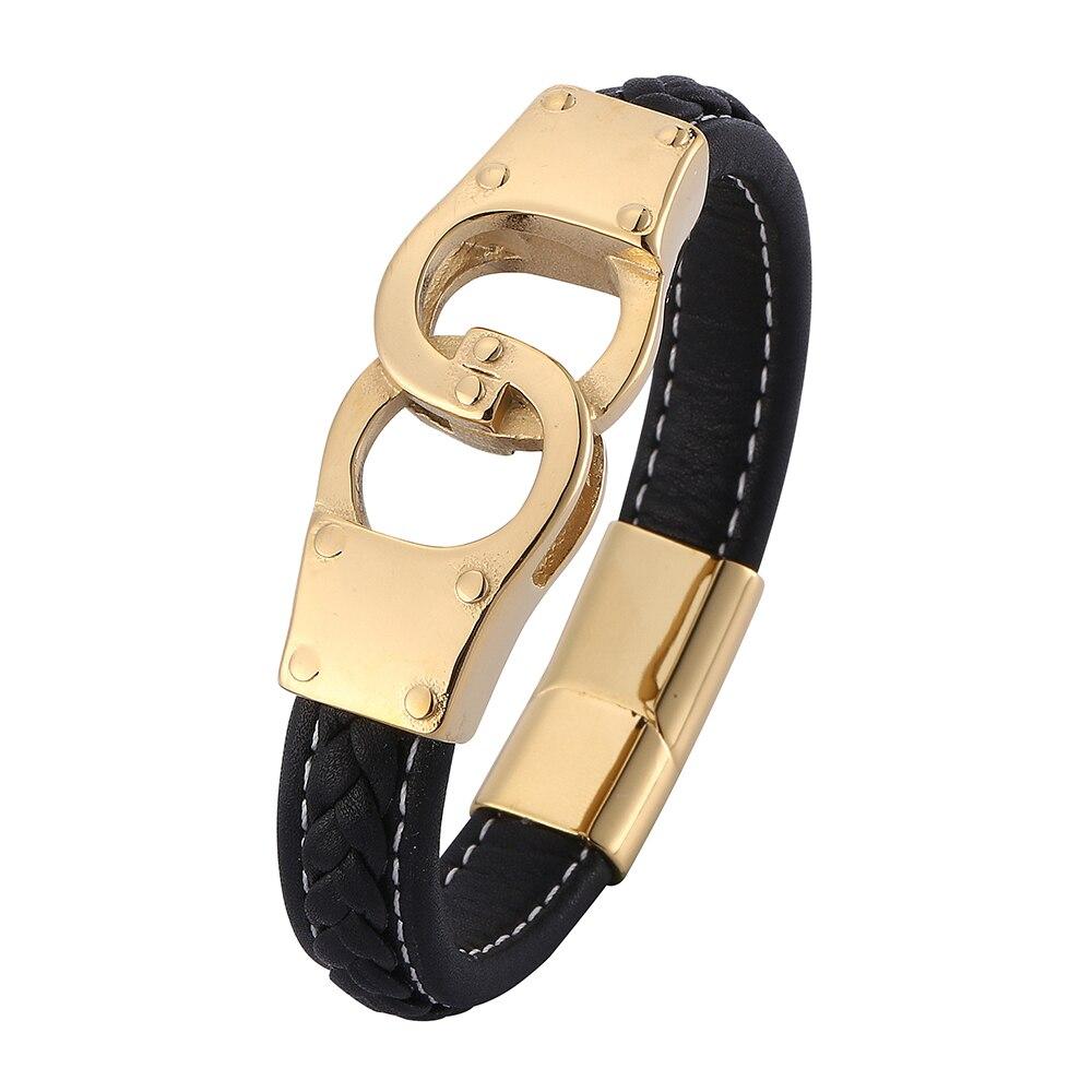 Fashion Bracelet Men Black Leather Stainless Steel Charm Bracelet Handcuffs Punk Jewelry Bracelet