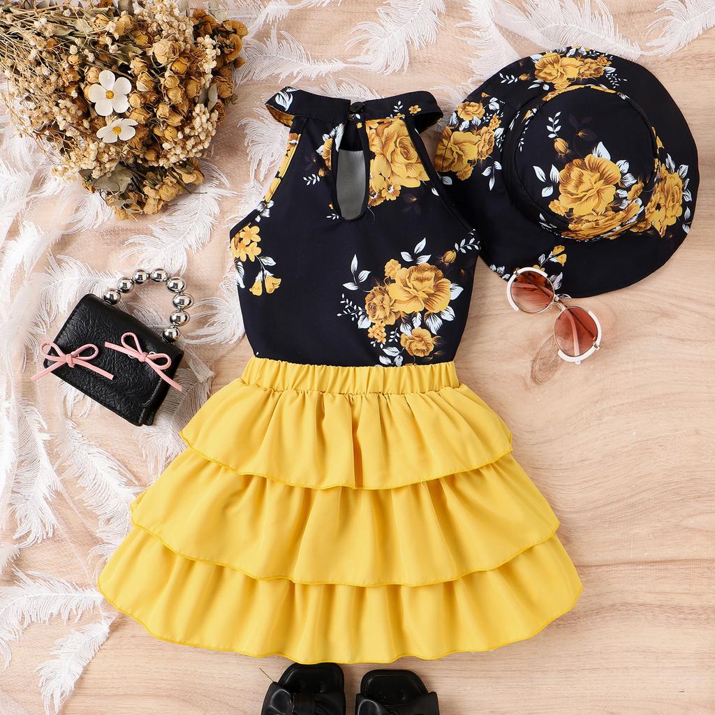 Dziewczęcy Modny Garnitur Letni Dziecięcy Nadruk Halter Top + Spódnica Tortowa z Kapeluszem Garnitur