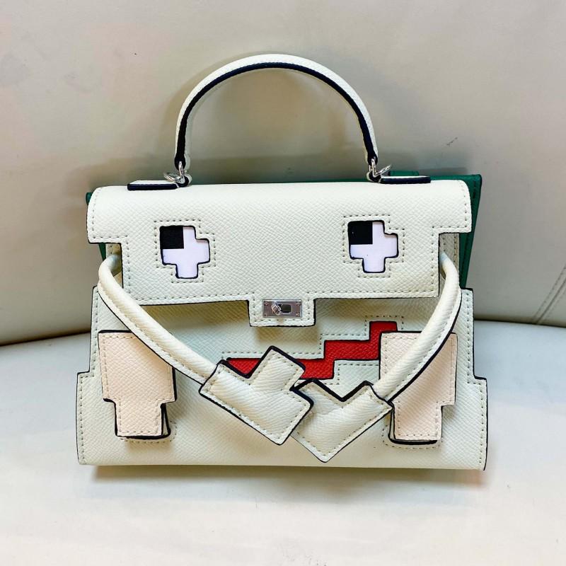 2026 Color Block Leather Tote Crossbody Bag Mini Square Cartoon Smile Handbag Women