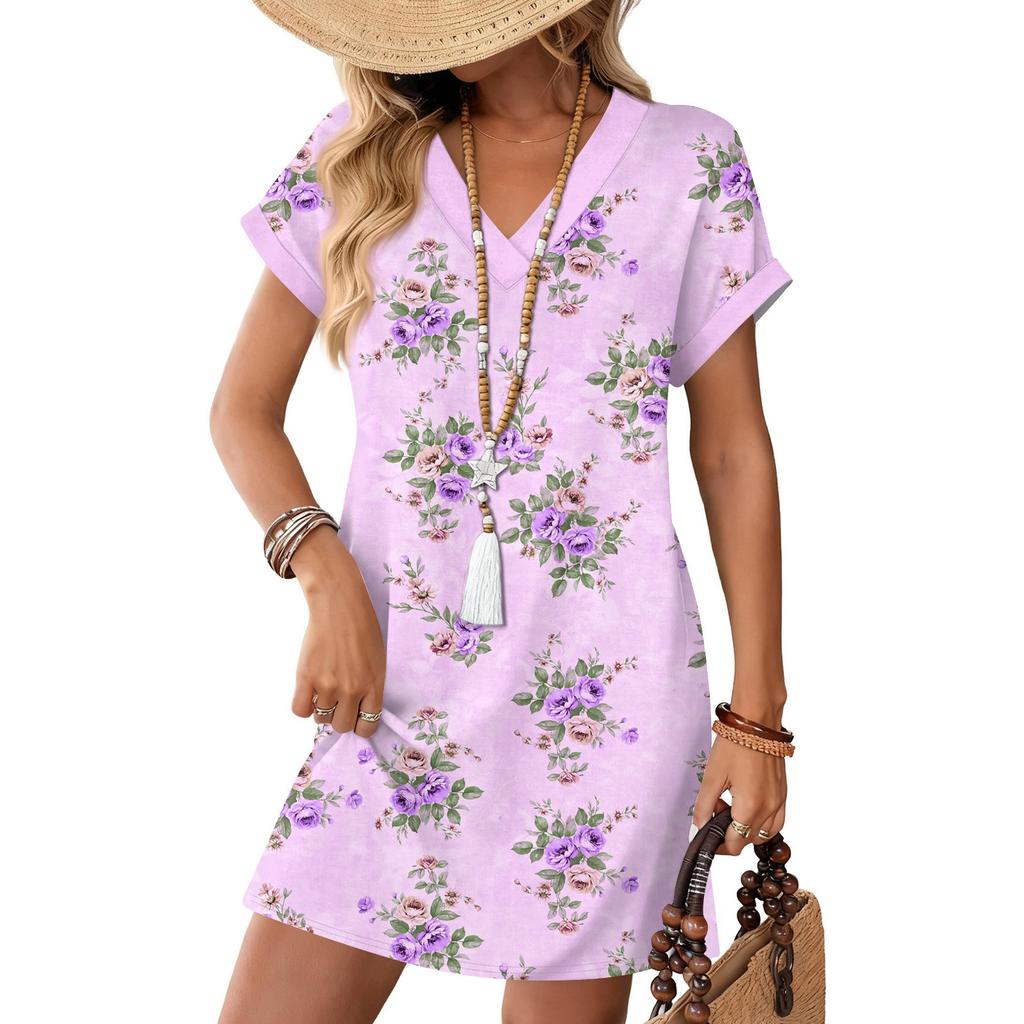 Women's Fashion Print V-Neck Short Sleeve Pocket Casual Pullover Dress