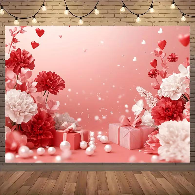 2D Pink Valentine Background, Red White Flowers & Gift Boxes Backdrop