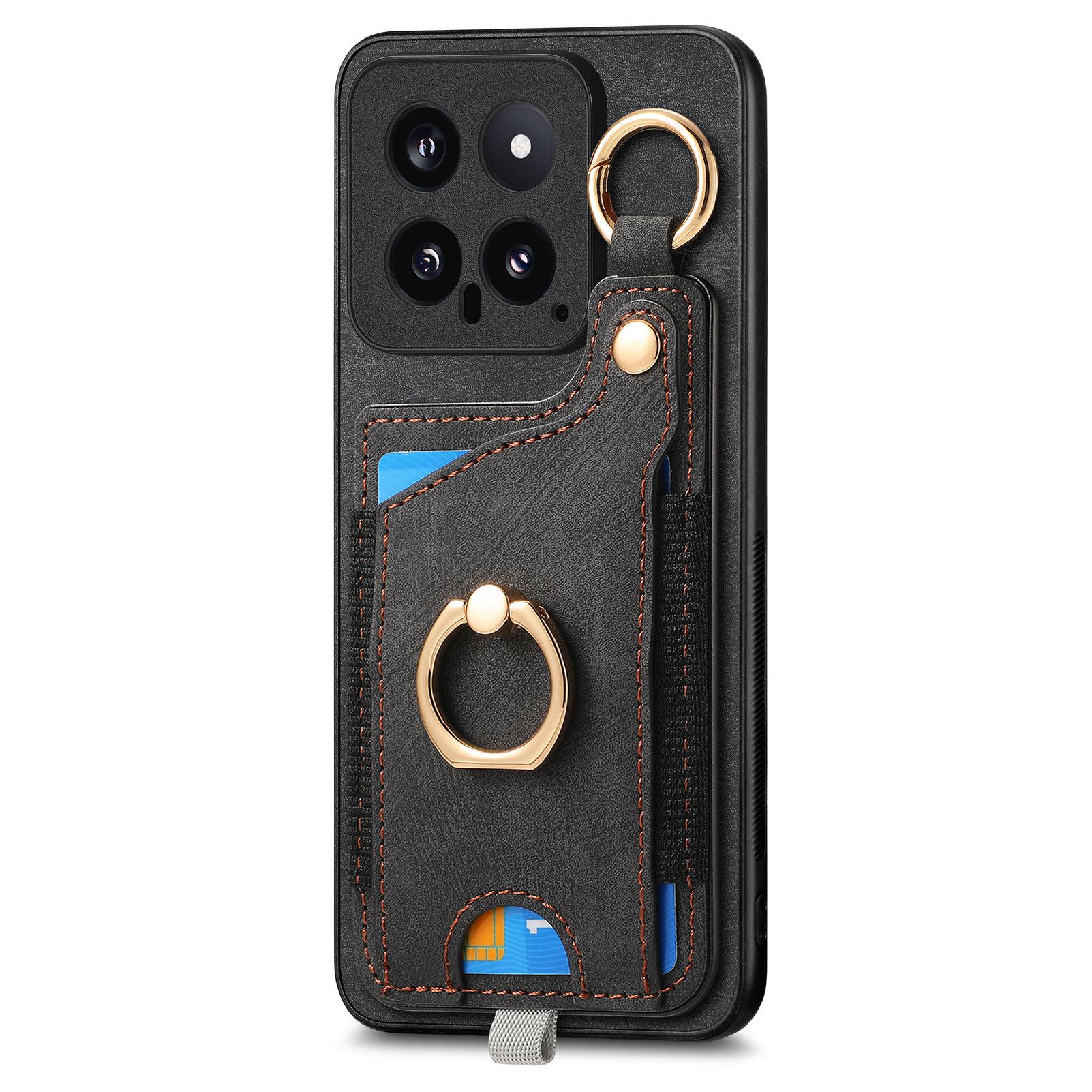 

For Xiaomi 14 Case Leather Card Holder Ring Kickstand Back Cover Black