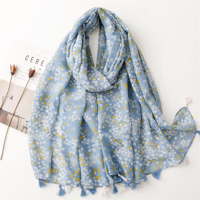 Bali Yarn Cotton-Linen Scarf: Fresh Solid Color, Fruit Green & Bright Yellow Leaf Print with Tassel Detail