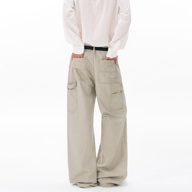 American Retro Trendy Brand Washed Logging Overalls Men's Trend Solid Color Loose Wide-leg Straight Casual Long Pants