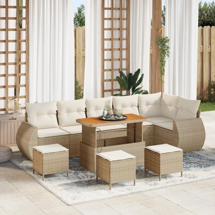 Ensemble de canapé de jardin vidaXL 10 pièces avec coussins beige poly rotin acacia, Ensemble de salle à manger de jardin 3361901