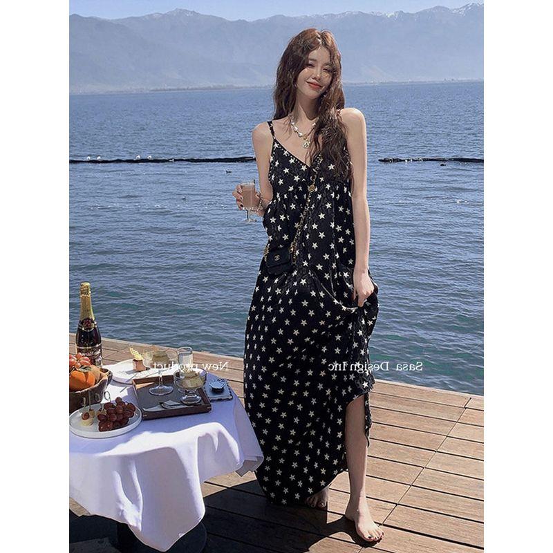 Plus-Size Women s Star-Patterned Polka Dot Spaghetti Strap Dress, Loose Fit, Flattering and Slimming, Suitable for Curvy Women, Oversized Base Dress Black M