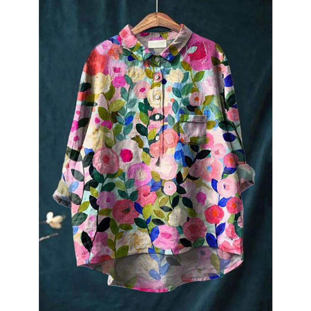 Women's Turn Down Collar Long Sleeve Floral Print Shirt Loose Fit Elegant Casual Blouse