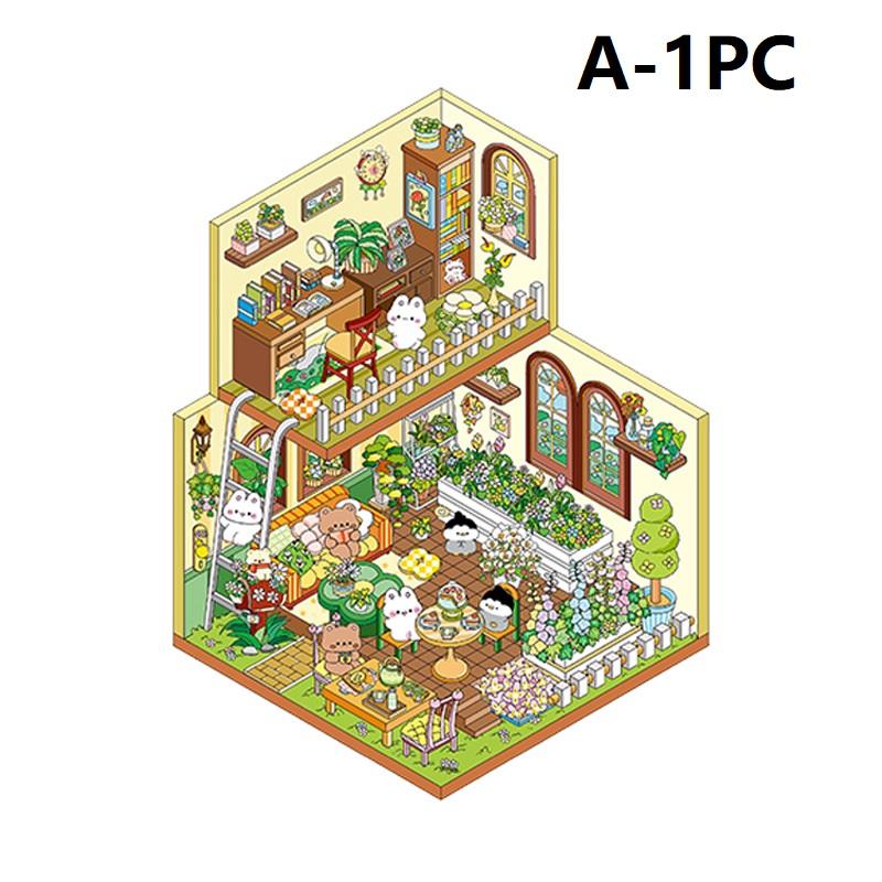 

4 стиля мультяшные DIY 3D наклейки домики, забавные миниатюрные сценки, DIY наклейки, сделайте свои собственные мини-комнатные сценки, 3D ландшафтные наклейки