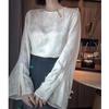Damen Weiß Jacquard Satin Bluse Langarm Rundhals Locker Lässig Oberteil