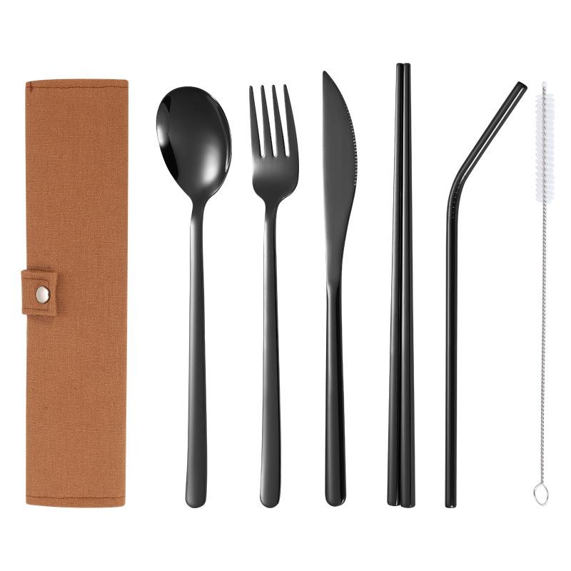 304 Stainless Steel Tableware Sets, Portable Tableware Bag, Knife, Fork, Spoon, Chopsticks, Straw, Full Sets, 6Pcs