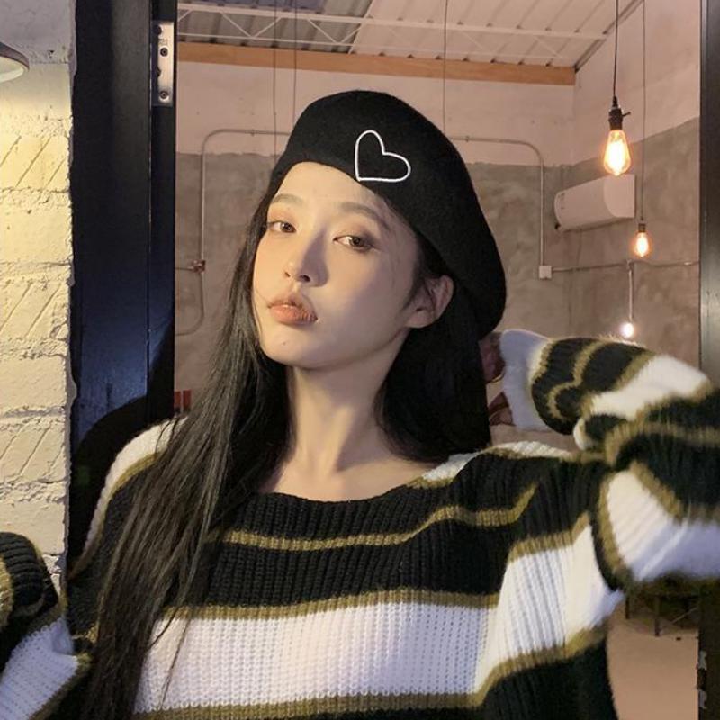 Love Embroidered Tweed Beret Hat Female Autumn And Winter Korean Version Retro Painter Hat