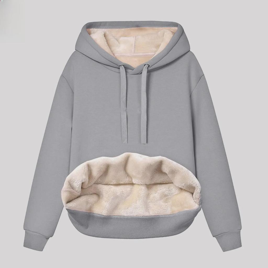 European & American Women's Hooded Drawstring Sweater - Solid Color, Thick Velvet (Autumn/Winter)