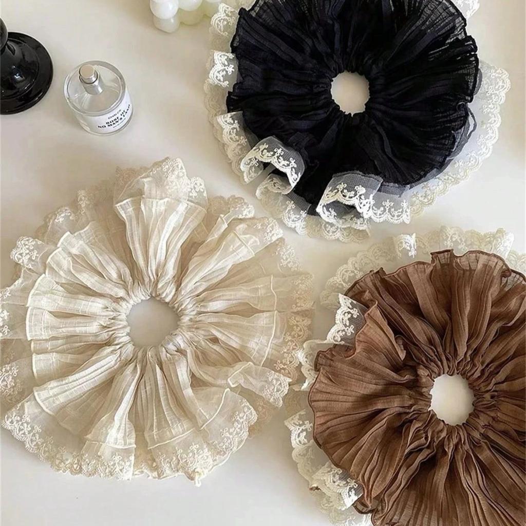 1/3Pcs Women Elegant Solid Pleated Double-Layer Lace Ruffle 28cm Super Large Hair Scrunchie Bohemian For Ponytail
