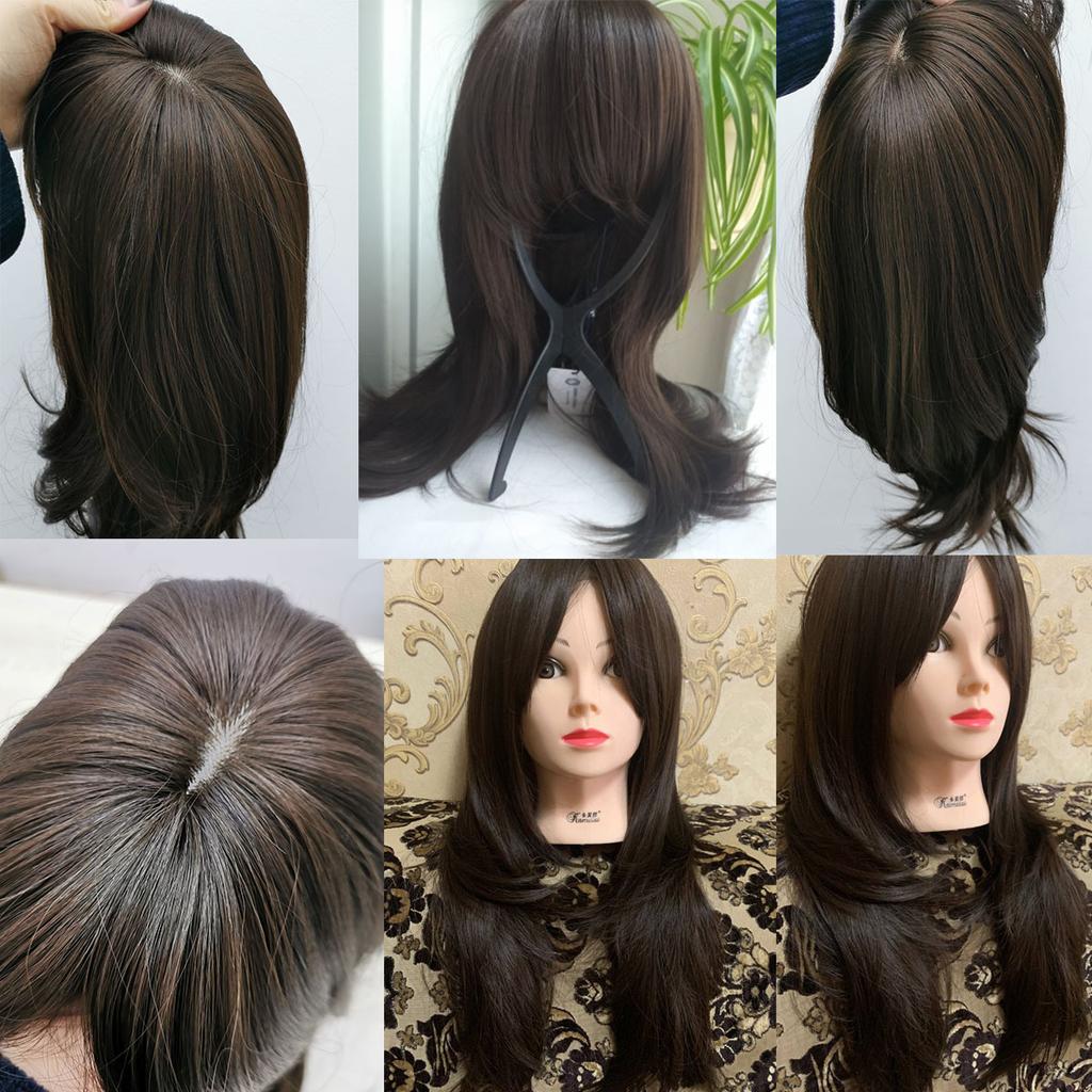 Long Wavy Layered Black-Brown Shoulder-Length Wigs With Bangs Heat Resistant Synthetic Wigs for Women Cosplay Daily Natural Wigs