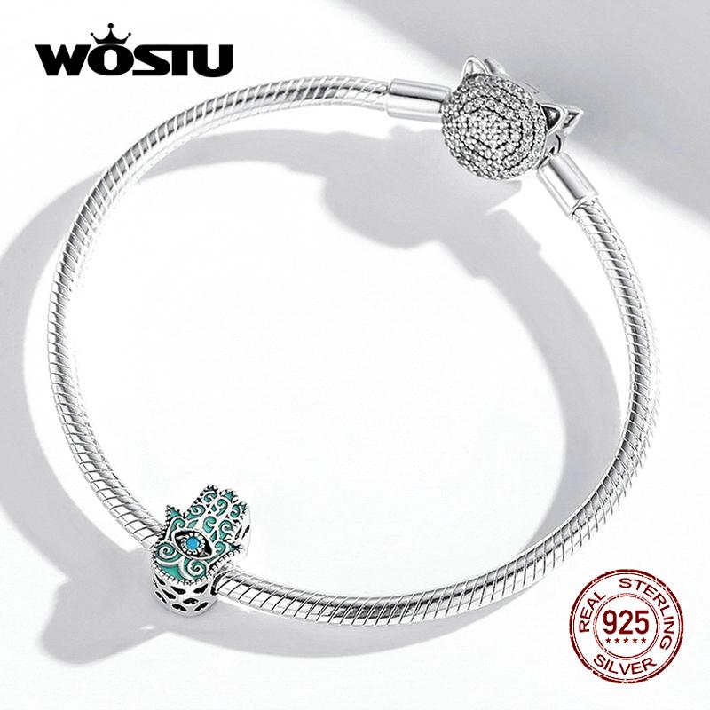 WOSTU Exquisite Mint Green Eye of Fatima Retro Pattern 925 Sterling Silver Charm Bead for DIY Jewelry Gift