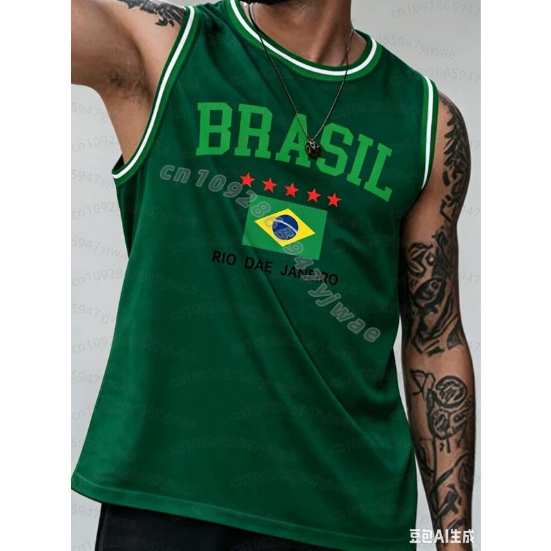 Sommer Mænd GUL BRASIL 10 Print Stribe Rund Hals Afslappet Tanktop Basketball Trøje Vest Kæreste Stil Sport Basketball Vest