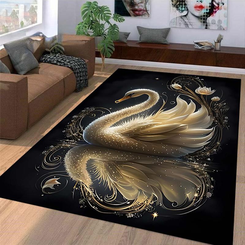 Elegant Swan Design Black and Gold Carpet with Floral Accents Suitable for use as an anti-slip for living room bedroom sofas