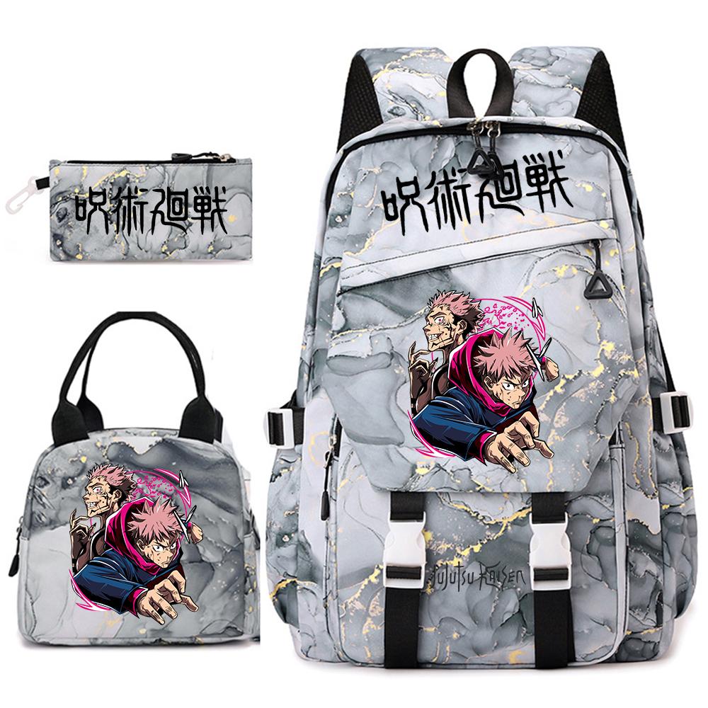 Anime Jujutsu Kaisen Backpack Set for Girls 3pcs School Bookbag Lunch Bag Pencil Case Casual Travel Rucksack