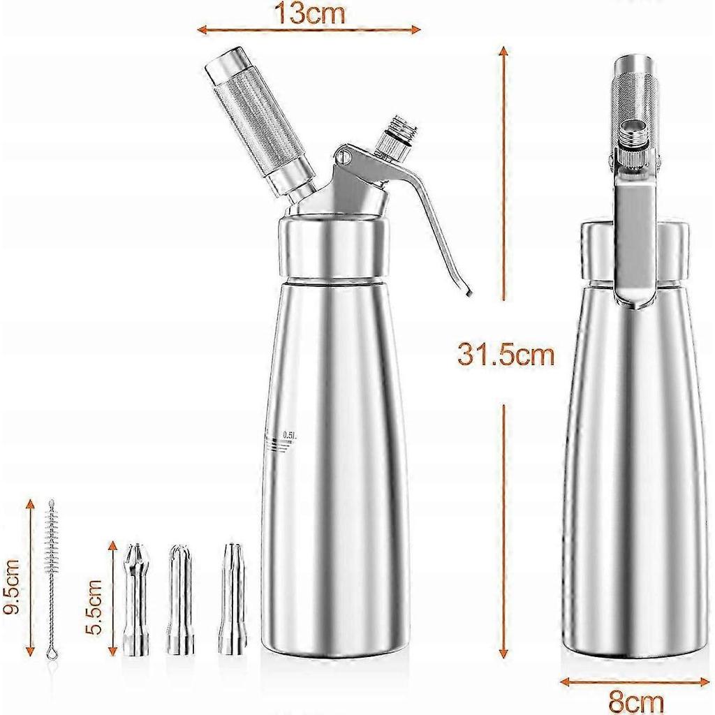 Professional Cream Dispenser, Stainless Steel Siphon 500 Ml, 3 Nozzles