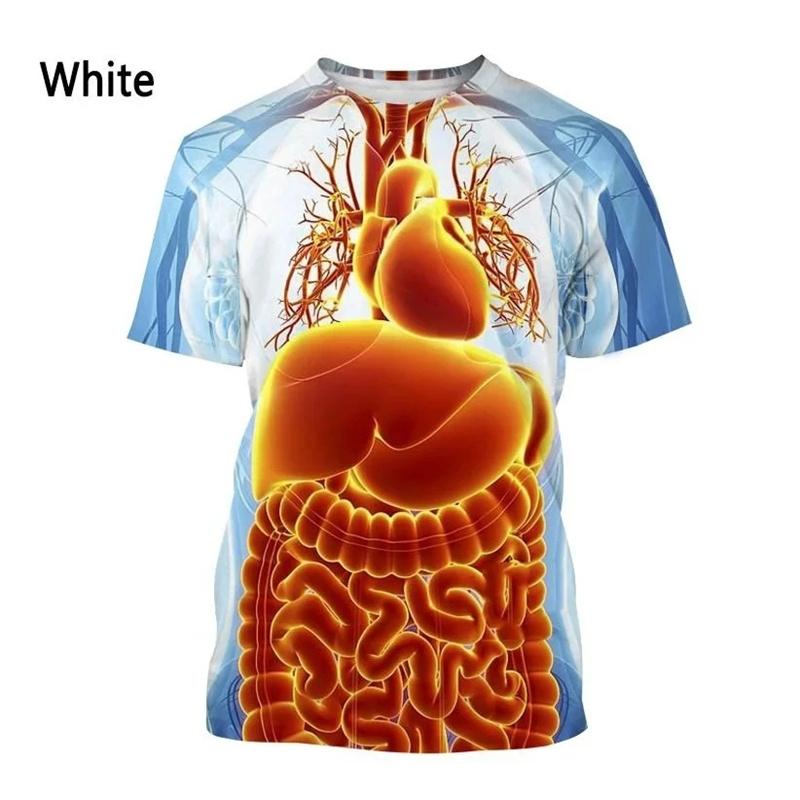 Camisetas Padrão Órgãos Humanos Ossos Para Homens Personalidade Estampadas 3D Verão Casual Manga Curta Soltas Camisetas Gola Redonda Tops
